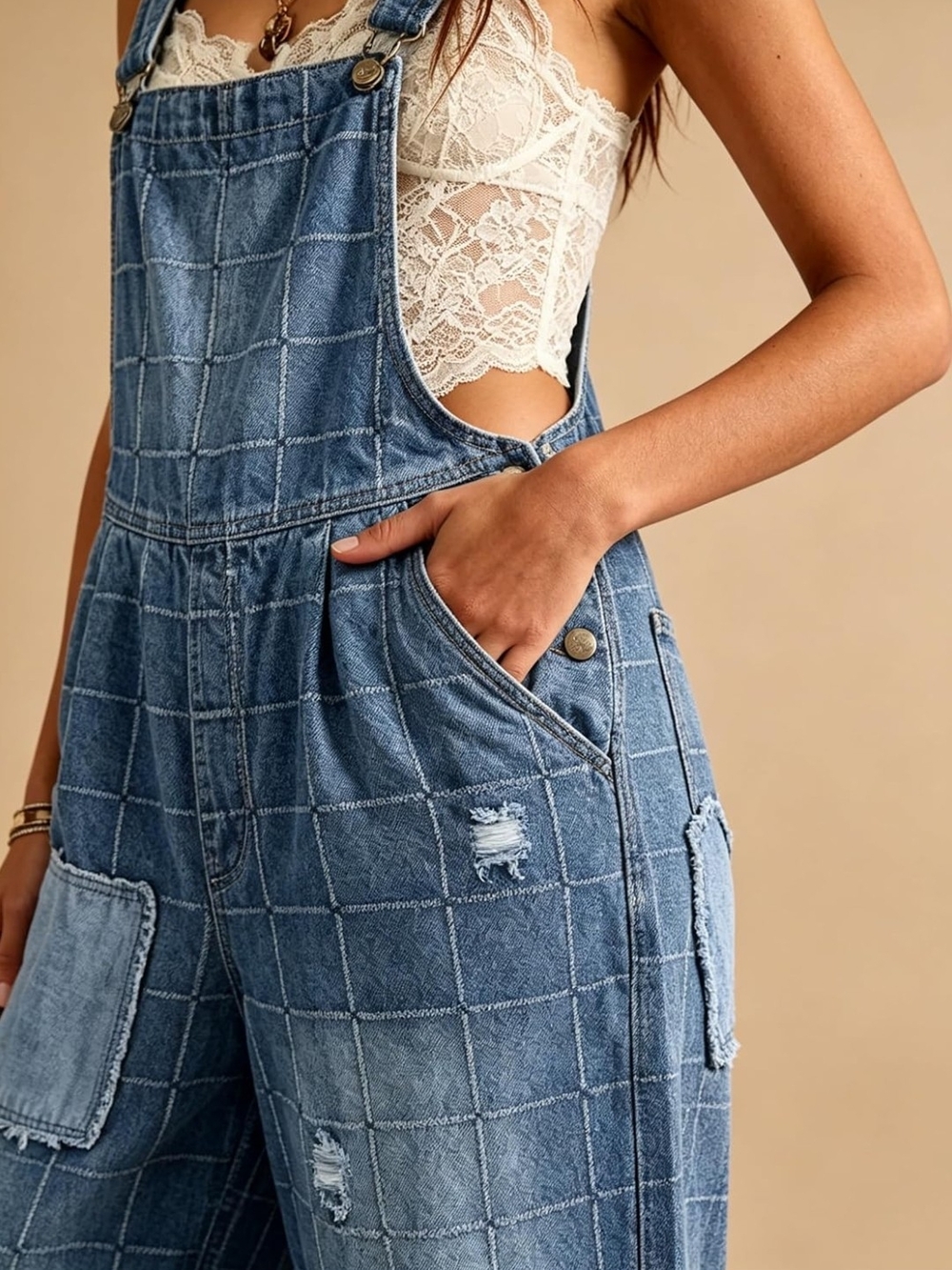 Light Blue Denim Heart Patchwork Wide-Leg Overalls. NWT - Picture 4 of 8